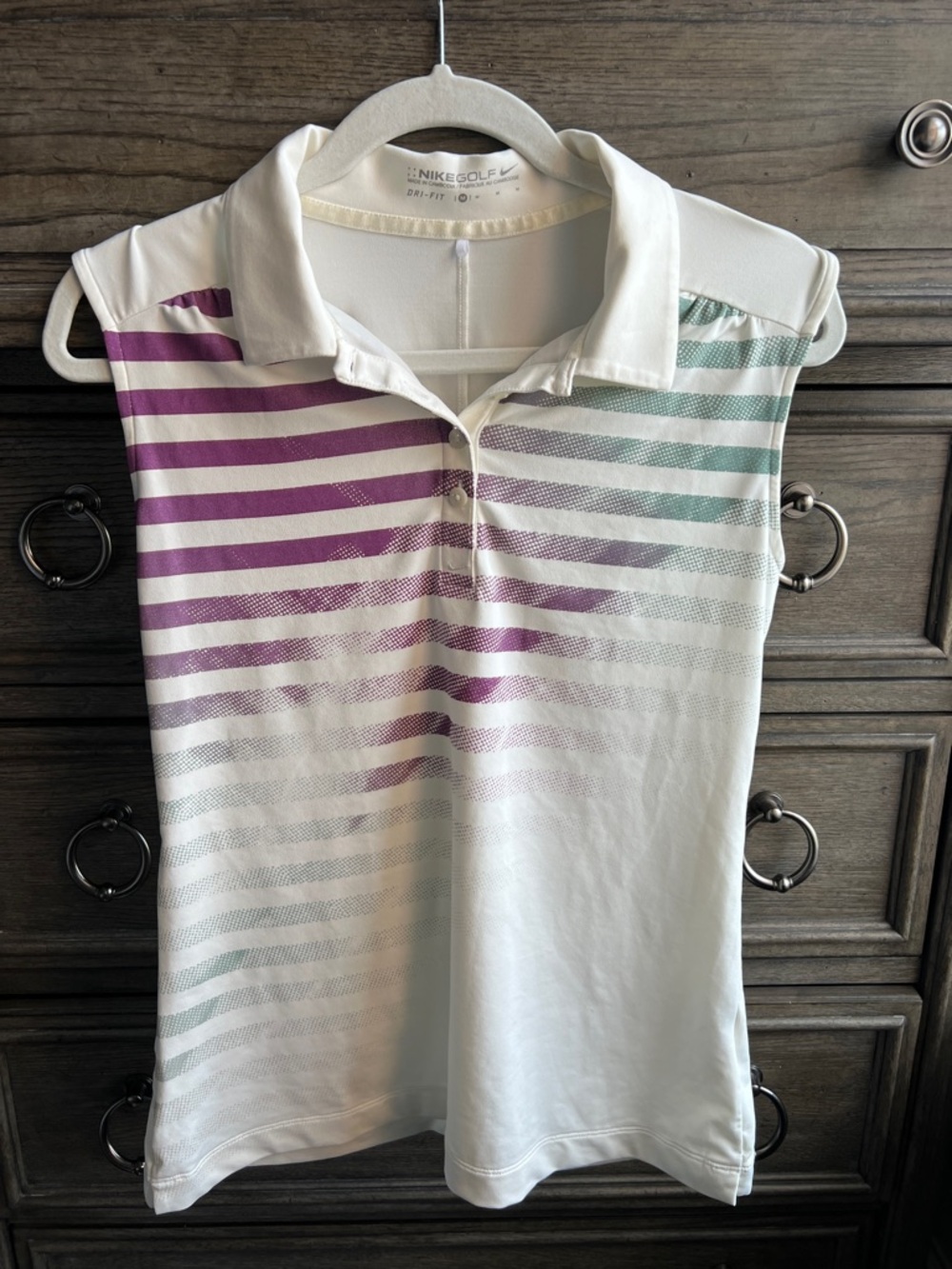 Nike Women's White Sleeveless Golf Top with Purple & Teal Stripes